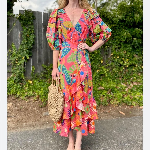 FARM RIO Macaws-print Puff-sleeve Midi Dress - Picture 7 of 7